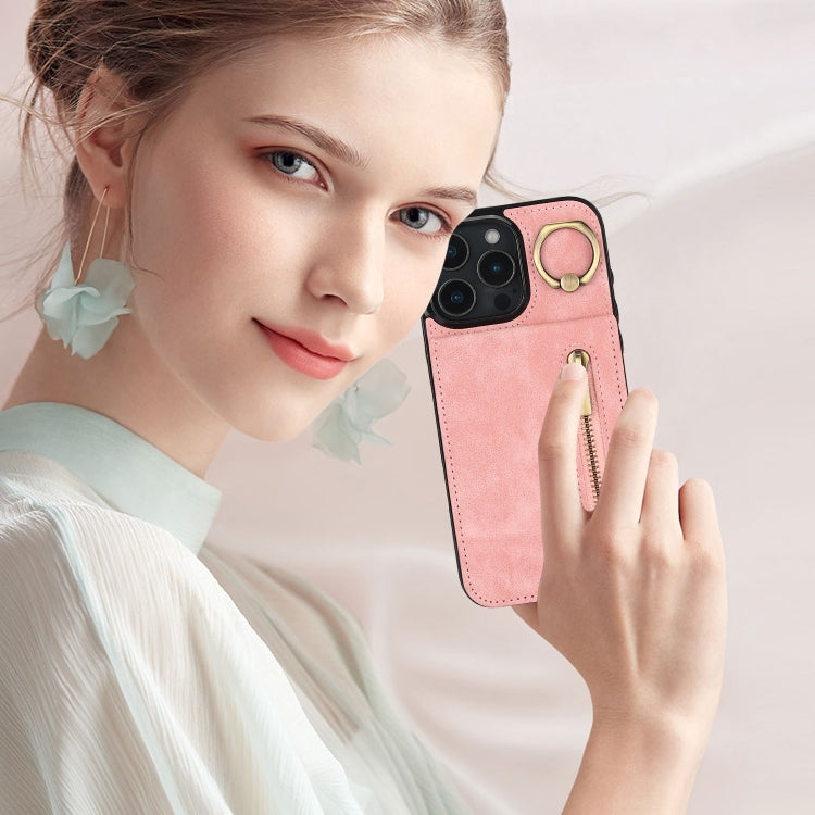 For iPhone 16 Pro Max Retro Ring and Zipper RFID Card Slot Phone Case(Pink) by buy2fix