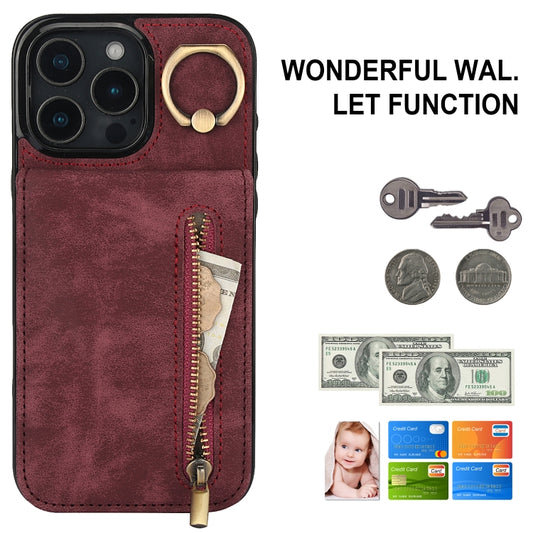 For iPhone 16 Pro Max Retro Ring and Zipper RFID Card Slot Phone Case(Wine Red) by buy2fix