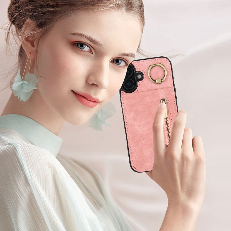 For iPhone 16 Plus Retro Ring and Zipper RFID Card Slot Phone Case(Pink) by buy2fix