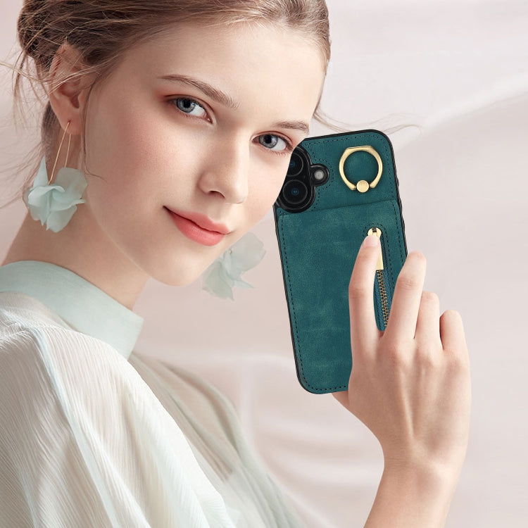 For iPhone 16 Plus Retro Ring and Zipper RFID Card Slot Phone Case(Blue) by buy2fix