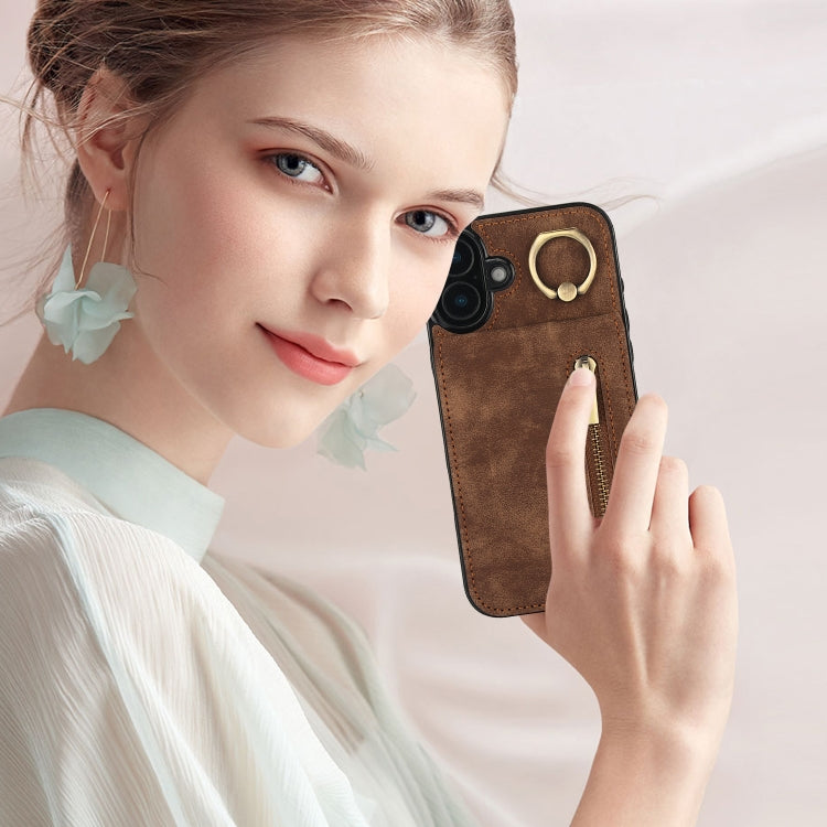 For iPhone 16 Plus Retro Ring and Zipper RFID Card Slot Phone Case(Brown) by buy2fix