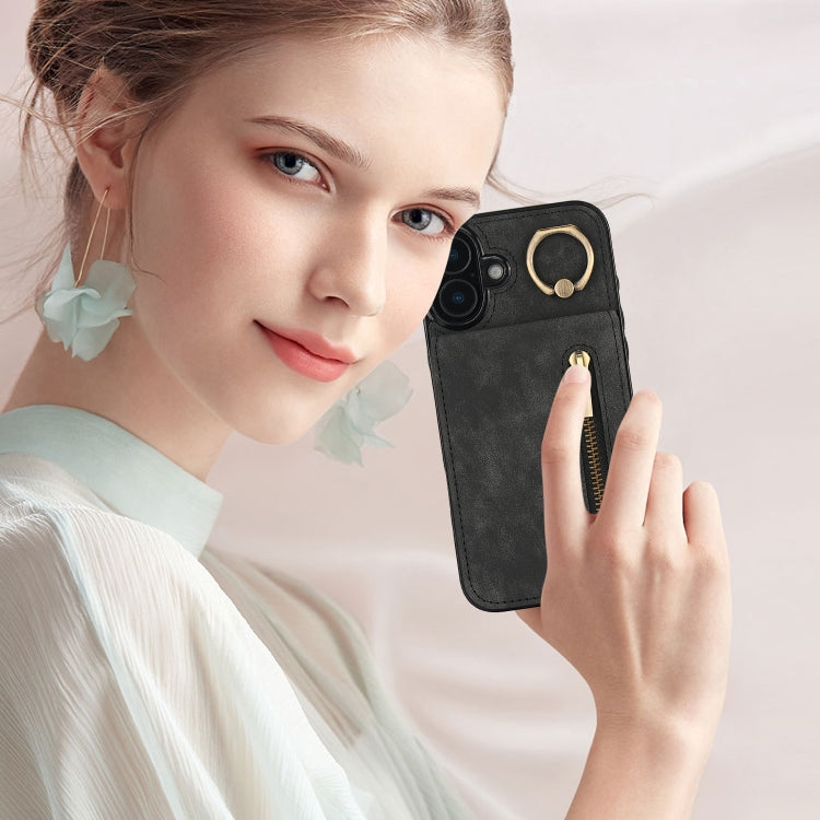 For iPhone 16 Retro Ring and Zipper RFID Card Slot Phone Case(Black) by buy2fix
