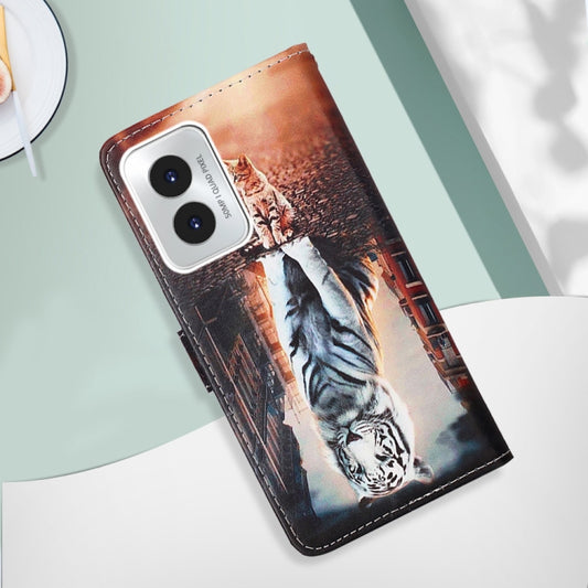 For Motorola Moto G Play 4G 2024 Colored Drawing Pattern Plain Weave Leather Phone Case(Cats And Tigers) by buy2fix