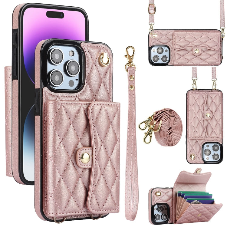 For iPhone 15 Pro Crossbody Rhombic Horizontal Wallet Leather Phone Case(Rose Gold) - iPhone 15 Pro Cases by buy2fix | Online Shopping UK | buy2fix