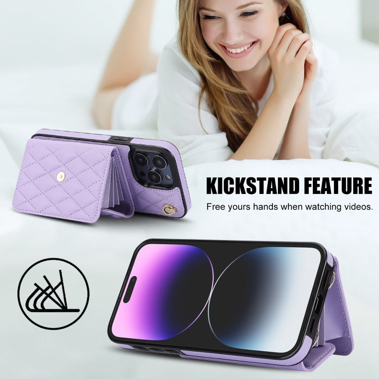 For iPhone 15 Pro Crossbody Rhombic Horizontal Wallet Leather Phone Case(Purple) - iPhone 15 Pro Cases by buy2fix | Online Shopping UK | buy2fix