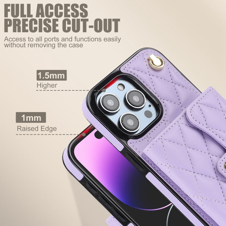 For iPhone 15 Pro Crossbody Rhombic Horizontal Wallet Leather Phone Case(Purple) - iPhone 15 Pro Cases by buy2fix | Online Shopping UK | buy2fix