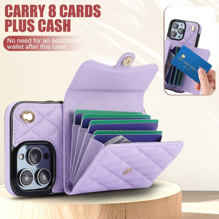 For iPhone 15 Pro Crossbody Rhombic Horizontal Wallet Leather Phone Case(Purple) - iPhone 15 Pro Cases by buy2fix | Online Shopping UK | buy2fix
