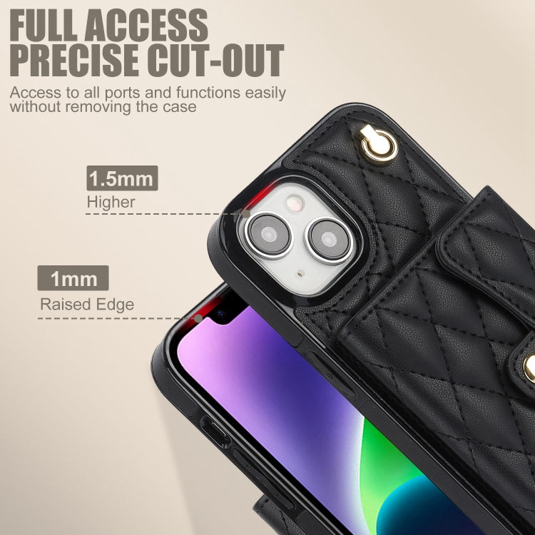 For iPhone 15 Crossbody Rhombic Horizontal Wallet Leather Phone Case(Black) - iPhone 15 Cases by buy2fix | Online Shopping UK | buy2fix