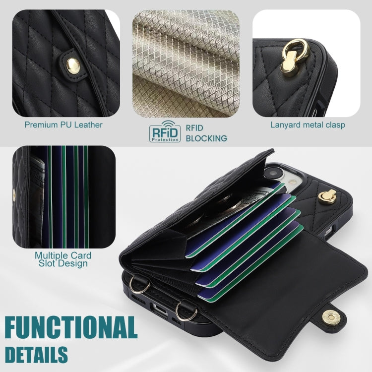 For iPhone 15 Crossbody Rhombic Horizontal Wallet Leather Phone Case(Black) - iPhone 15 Cases by buy2fix | Online Shopping UK | buy2fix