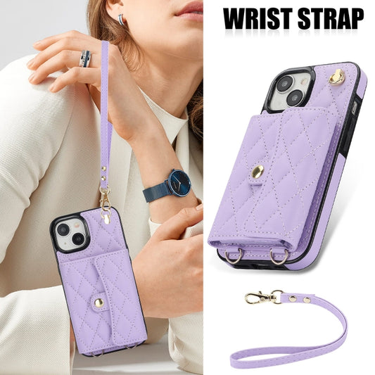 For iPhone 14 Plus Crossbody Rhombic Horizontal Wallet Leather Phone Case(Purple) - iPhone 14 Plus Cases by buy2fix | Online Shopping UK | buy2fix