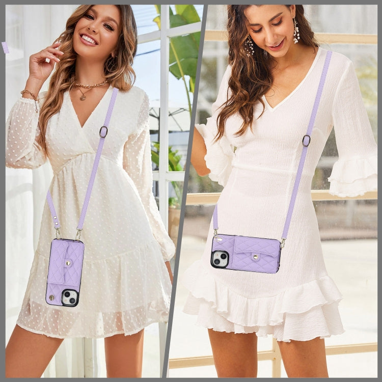 For iPhone 14 Crossbody Rhombic Horizontal Wallet Leather Phone Case(Purple) - iPhone 14 Cases by buy2fix | Online Shopping UK | buy2fix