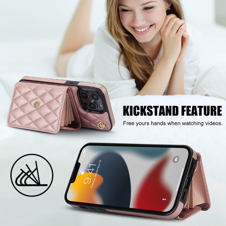 For iPhone 13 Pro Max Crossbody Rhombic Horizontal Wallet Leather Phone Case(Rose Gold) - iPhone 13 Pro Max Cases by buy2fix | Online Shopping UK | buy2fix