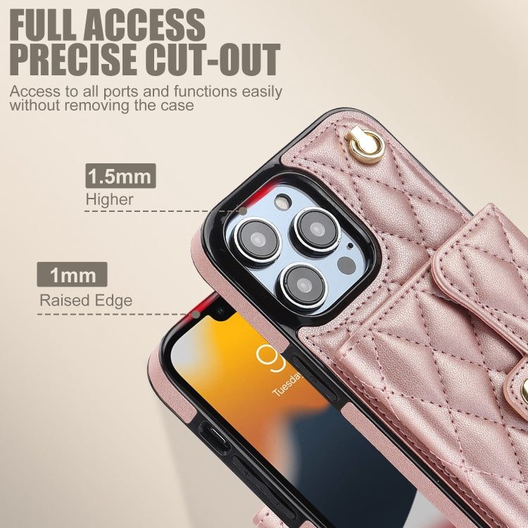 For iPhone 13 Pro Max Crossbody Rhombic Horizontal Wallet Leather Phone Case(Rose Gold) - iPhone 13 Pro Max Cases by buy2fix | Online Shopping UK | buy2fix