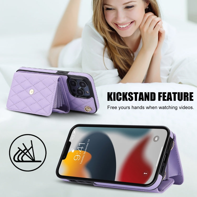 For iPhone 13 Pro Max Crossbody Rhombic Horizontal Wallet Leather Phone Case(Purple) - iPhone 13 Pro Max Cases by buy2fix | Online Shopping UK | buy2fix