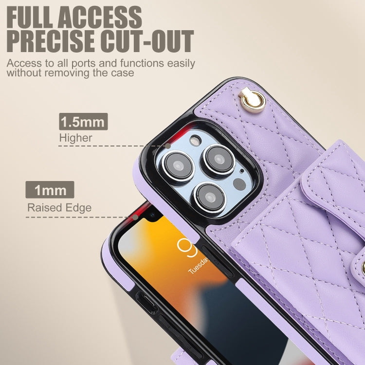 For iPhone 13 Pro Max Crossbody Rhombic Horizontal Wallet Leather Phone Case(Purple) - iPhone 13 Pro Max Cases by buy2fix | Online Shopping UK | buy2fix