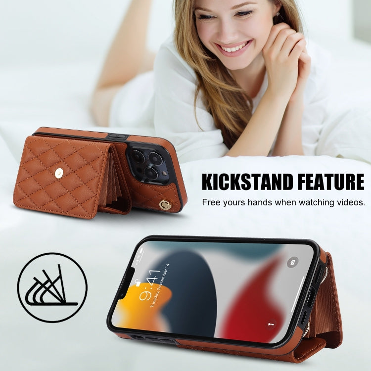 For iPhone 13 Pro Max Crossbody Rhombic Horizontal Wallet Leather Phone Case(Brown) - iPhone 13 Pro Max Cases by buy2fix | Online Shopping UK | buy2fix