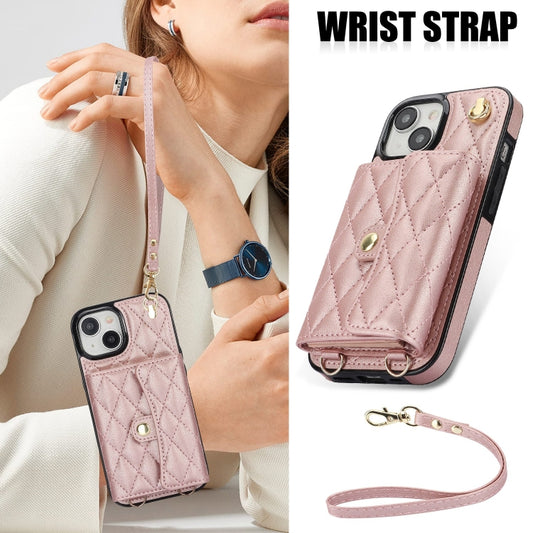 For iPhone 13 Crossbody Rhombic Horizontal Wallet Leather Phone Case(Rose Gold) - iPhone 13 Cases by buy2fix | Online Shopping UK | buy2fix