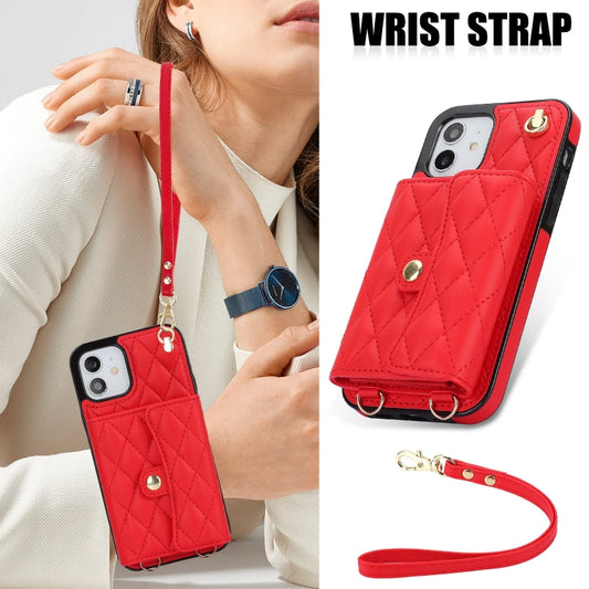 For iPhone 12 mini Crossbody Rhombic Horizontal Wallet Leather Phone Case(Red) - iPhone 12 mini Cases by buy2fix | Online Shopping UK | buy2fix