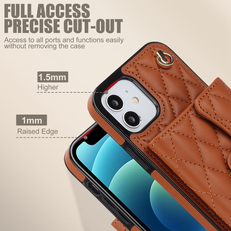 For iPhone 12 mini Crossbody Rhombic Horizontal Wallet Leather Phone Case(Brown) - iPhone 12 mini Cases by buy2fix | Online Shopping UK | buy2fix