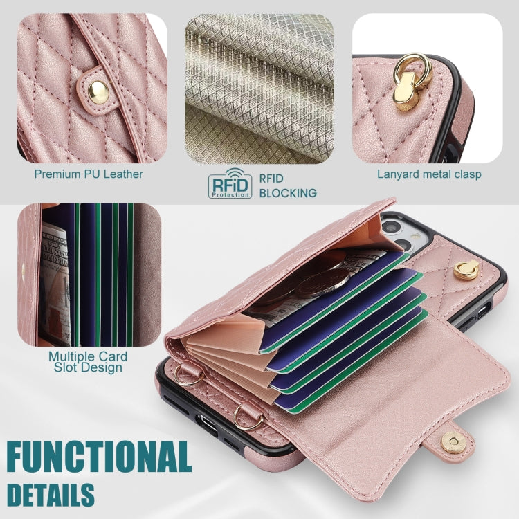For iPhone 12 Pro Max Crossbody Rhombic Horizontal Wallet Leather Phone Case(Rose Gold) - iPhone 12 Pro Max Cases by buy2fix | Online Shopping UK | buy2fix