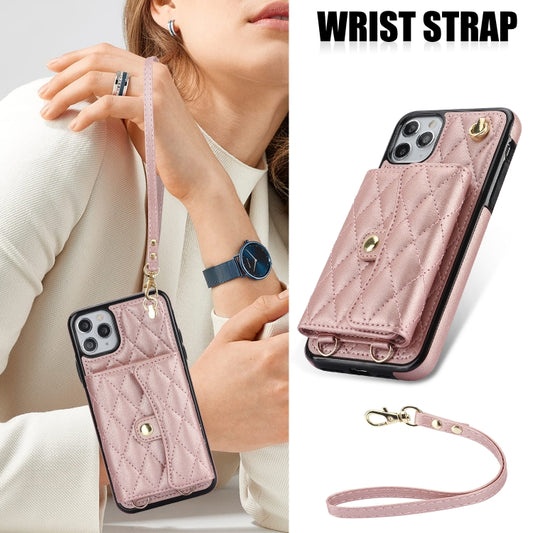 For iPhone 12 / 12 Pro Crossbody Rhombic Horizontal Wallet Leather Phone Case(Rose Gold) - iPhone 12 / 12 Pro Cases by buy2fix | Online Shopping UK | buy2fix