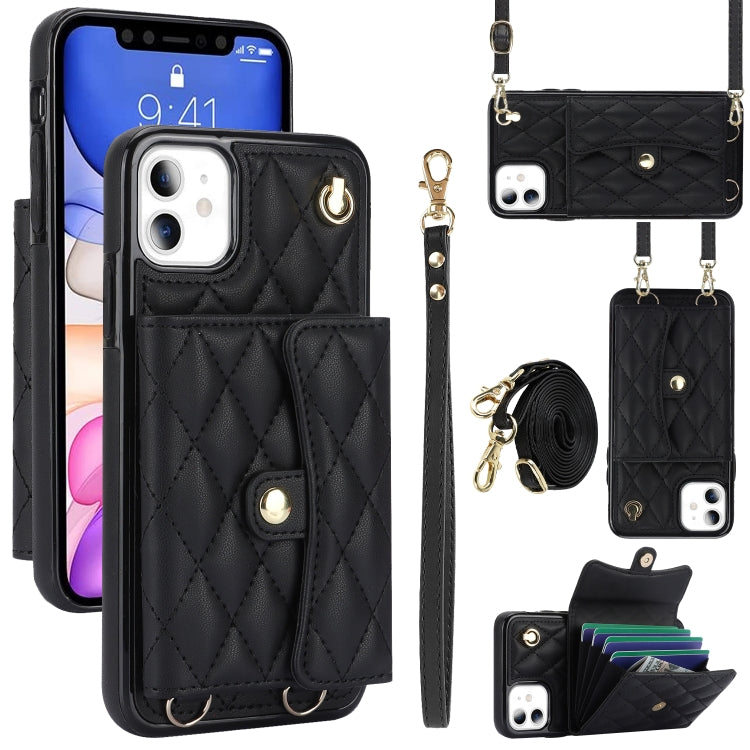 For iPhone 11 Crossbody Rhombic Horizontal Wallet Leather Phone Case(Black) - iPhone 11 Cases by buy2fix | Online Shopping UK | buy2fix