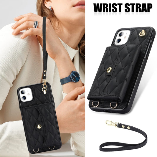 For iPhone 11 Crossbody Rhombic Horizontal Wallet Leather Phone Case(Black) - iPhone 11 Cases by buy2fix | Online Shopping UK | buy2fix