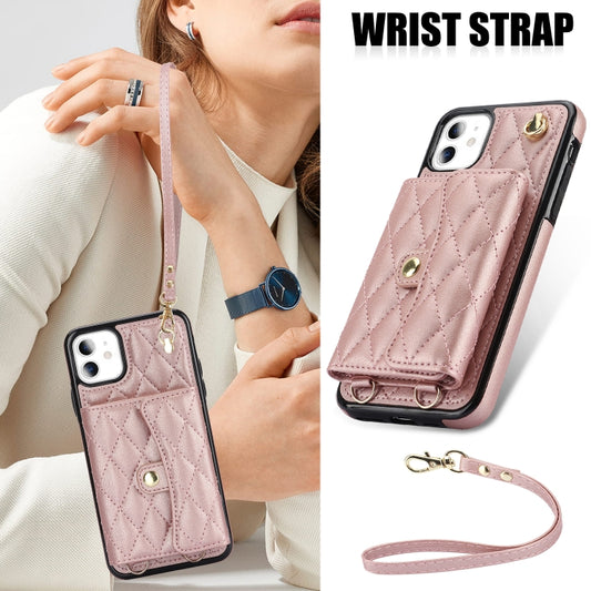 For iPhone 11 Crossbody Rhombic Horizontal Wallet Leather Phone Case(Rose Gold) - iPhone 11 Cases by buy2fix | Online Shopping UK | buy2fix