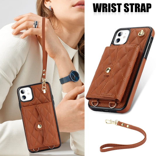 For iPhone 11 Crossbody Rhombic Horizontal Wallet Leather Phone Case(Brown) - iPhone 11 Cases by buy2fix | Online Shopping UK | buy2fix