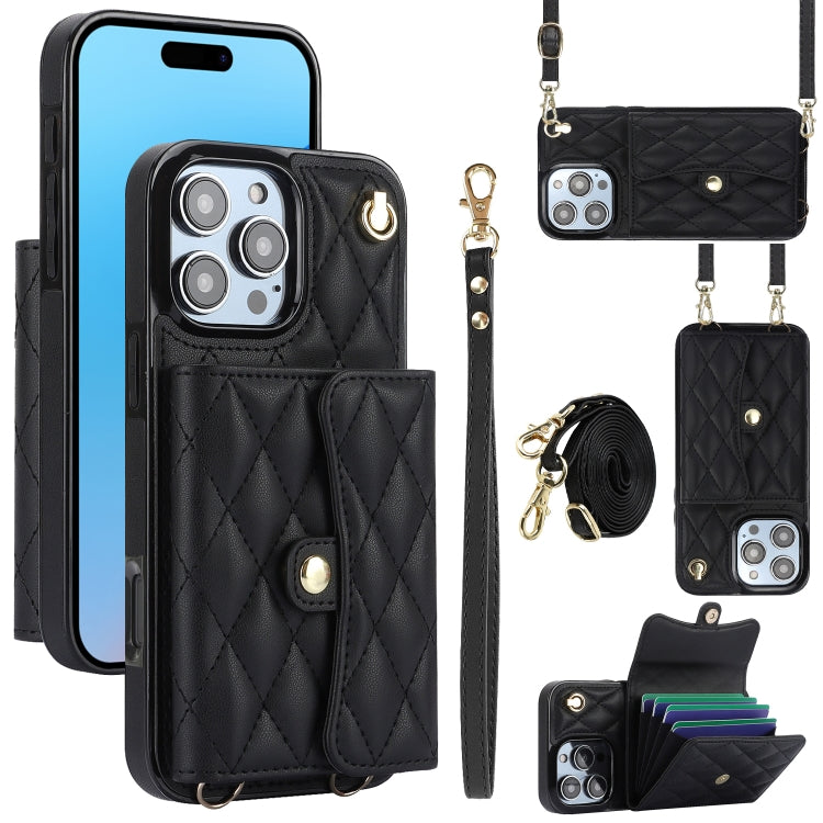 For iPhone 16 Pro Crossbody Rhombic Horizontal Wallet Leather Phone Case(Black) - iPhone 16 Pro Cases by buy2fix | Online Shopping UK | buy2fix