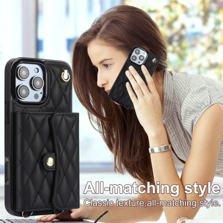 For iPhone 16 Pro Crossbody Rhombic Horizontal Wallet Leather Phone Case(Black) - iPhone 16 Pro Cases by buy2fix | Online Shopping UK | buy2fix