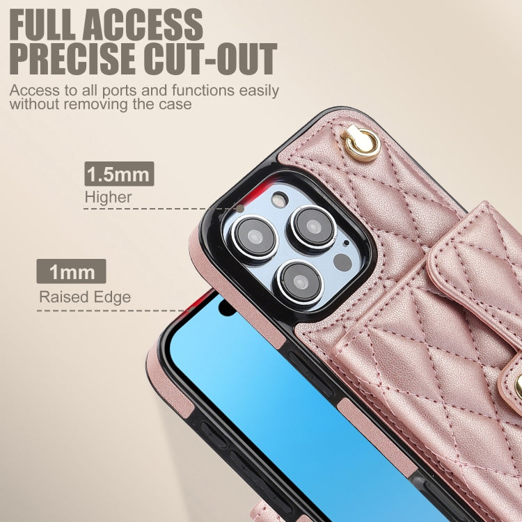 For iPhone 16 Pro Crossbody Rhombic Horizontal Wallet Leather Phone Case(Rose Gold) - iPhone 16 Pro Cases by buy2fix | Online Shopping UK | buy2fix