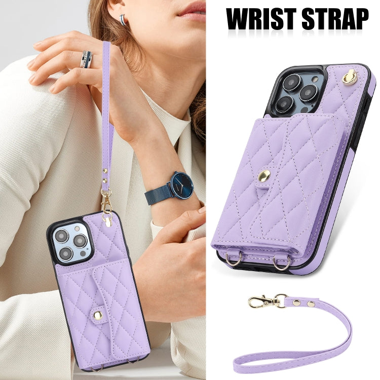 For iPhone 16 Pro Crossbody Rhombic Horizontal Wallet Leather Phone Case(Purple) - iPhone 16 Pro Cases by buy2fix | Online Shopping UK | buy2fix