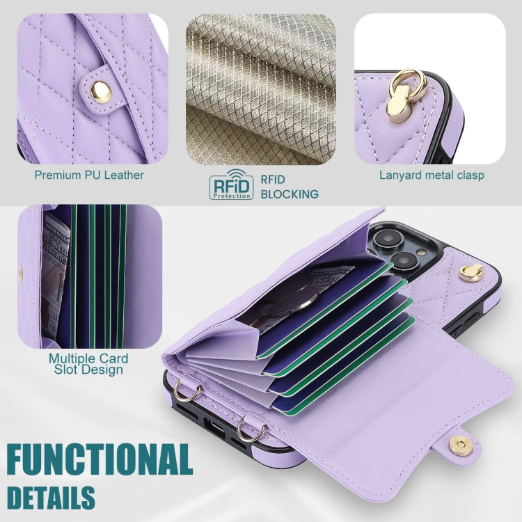 For iPhone 16 Pro Crossbody Rhombic Horizontal Wallet Leather Phone Case(Purple) - iPhone 16 Pro Cases by buy2fix | Online Shopping UK | buy2fix