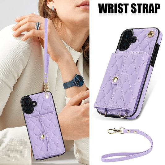 For iPhone 16 Plus Crossbody Rhombic Horizontal Wallet Leather Phone Case(Purple) by buy2fix
