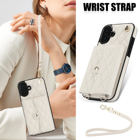 For iPhone 16 Crossbody Rhombic Horizontal Wallet Leather Phone Case(White) - iPhone 16 Cases by buy2fix | Online Shopping UK | buy2fix