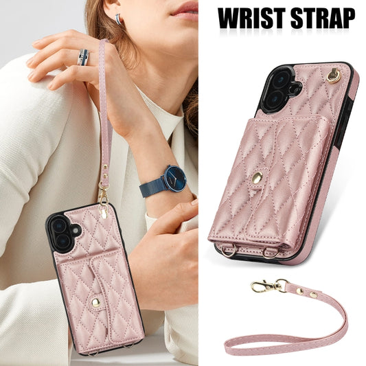 For iPhone 16 Crossbody Rhombic Horizontal Wallet Leather Phone Case(Rose Gold) by buy2fix