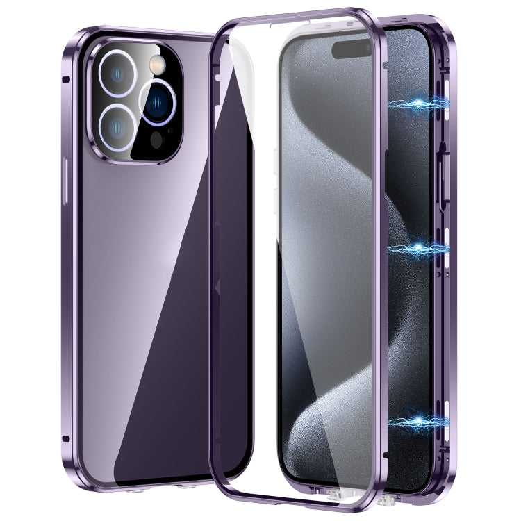 For iPhone 15 Pro Magnetic Double-buckle HD Tempered Glass Phone Case(Purple) - iPhone 15 Pro Cases by buy2fix | Online Shopping UK | buy2fix
