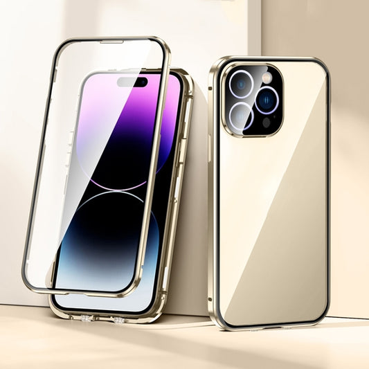 For iPhone 15 Magnetic Double-buckle HD Tempered Glass Phone Case(Gold) - iPhone 15 Cases by buy2fix | Online Shopping UK | buy2fix