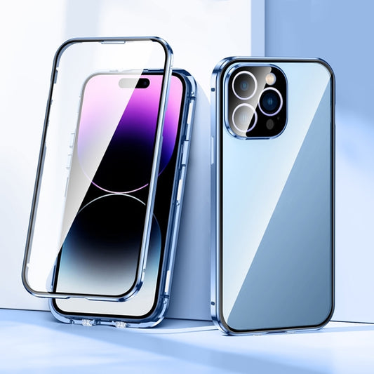 For iPhone 15 Magnetic Double-buckle HD Tempered Glass Phone Case(Blue) - iPhone 15 Cases by buy2fix | Online Shopping UK | buy2fix