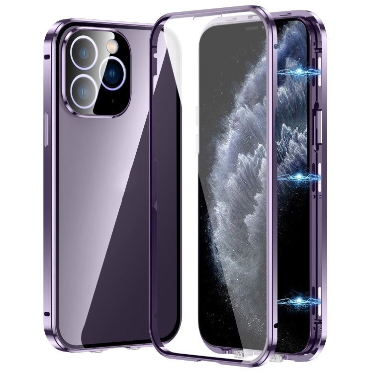 For iPhone 11 Pro Magnetic Double-buckle HD Tempered Glass Phone Case(Purple) - iPhone 11 Pro Cases by buy2fix | Online Shopping UK | buy2fix