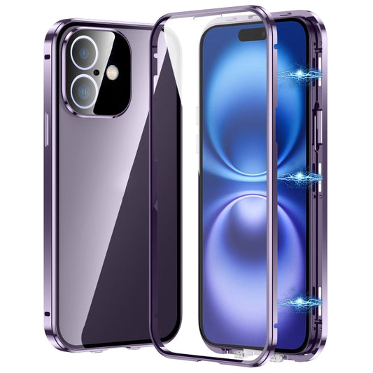 For iPhone 16 Magnetic Double-buckle HD Tempered Glass Phone Case(Purple) - iPhone 16 Cases by buy2fix | Online Shopping UK | buy2fix