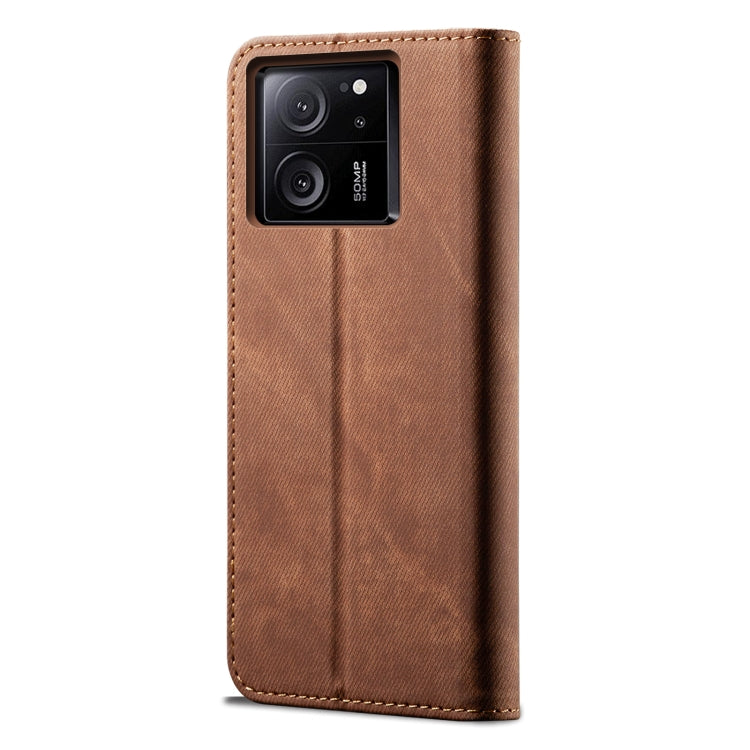 For Xiaomi Redmi K60 Ultra / 13T Denim Texture Casual Style Horizontal Flip Leather Case(Brown) - Xiaomi Cases by buy2fix | Online Shopping UK | buy2fix