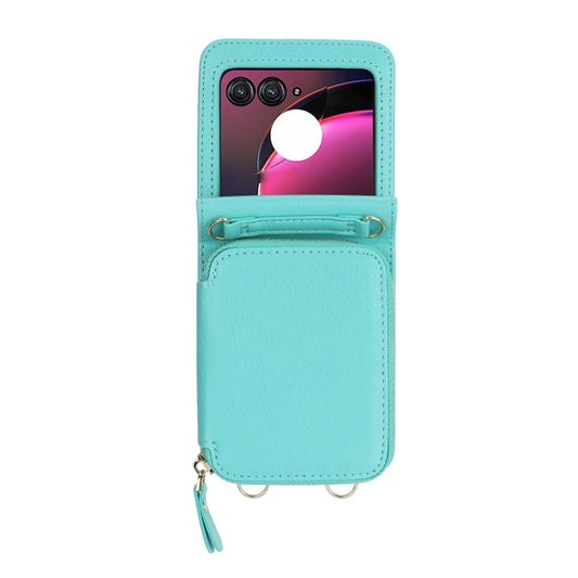 For Motorola Razr 40 Ultra Long and Short Lanyard Zipper Card Slot Foldable Phone Case(Mint Green) by buy2fix