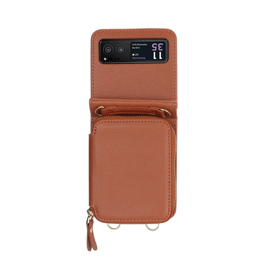 For Motorola Razr 40 Long and Short Lanyard Zipper Card Slot Foldable Phone Case(Brown) by buy2fix