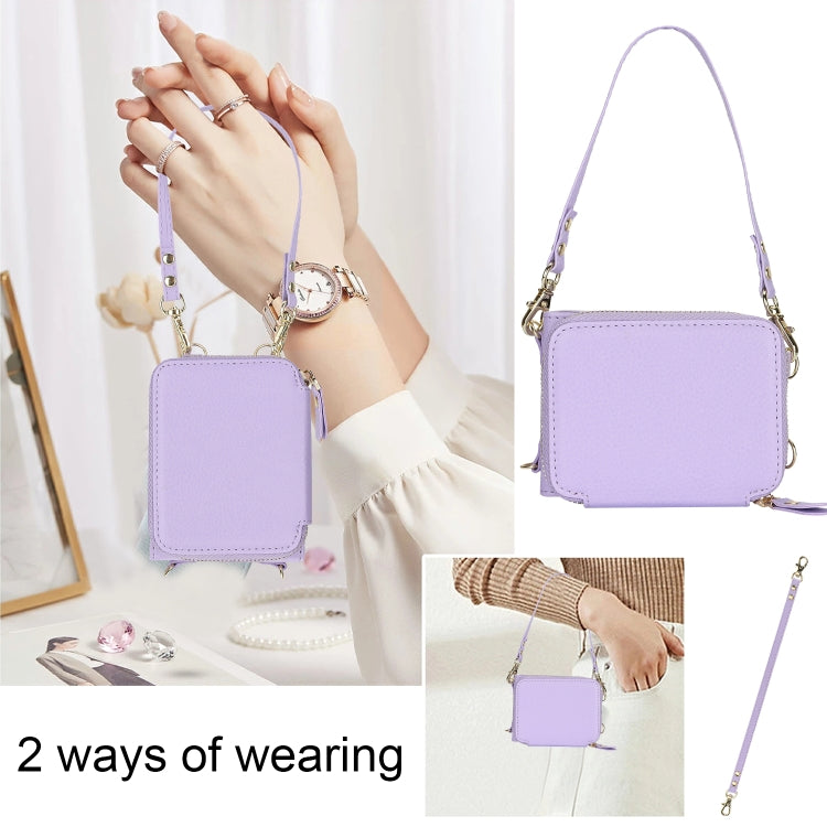 For Motorola Razr 40 Long and Short Lanyard Zipper Card Slot Foldable Phone Case(Purple) by buy2fix