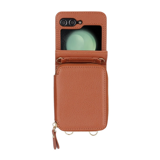For Samsung Galaxy Z Flip6 Long and Short Lanyard Zipper Card Slot Foldable Phone Case(Brown) - Galaxy Z Flip6 5G Cases by buy2fix | Online Shopping UK | buy2fix