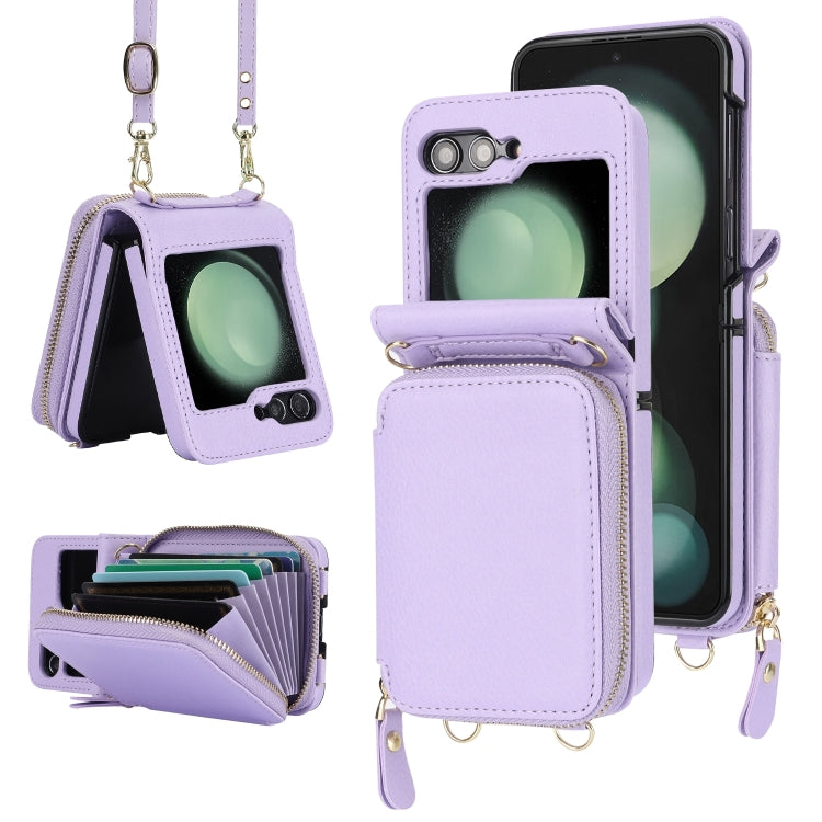 For Samsung Galaxy Z Flip6 Long and Short Lanyard Zipper Card Slot Foldable Phone Case(Purple) - Galaxy Z Flip6 5G Cases by buy2fix | Online Shopping UK | buy2fix