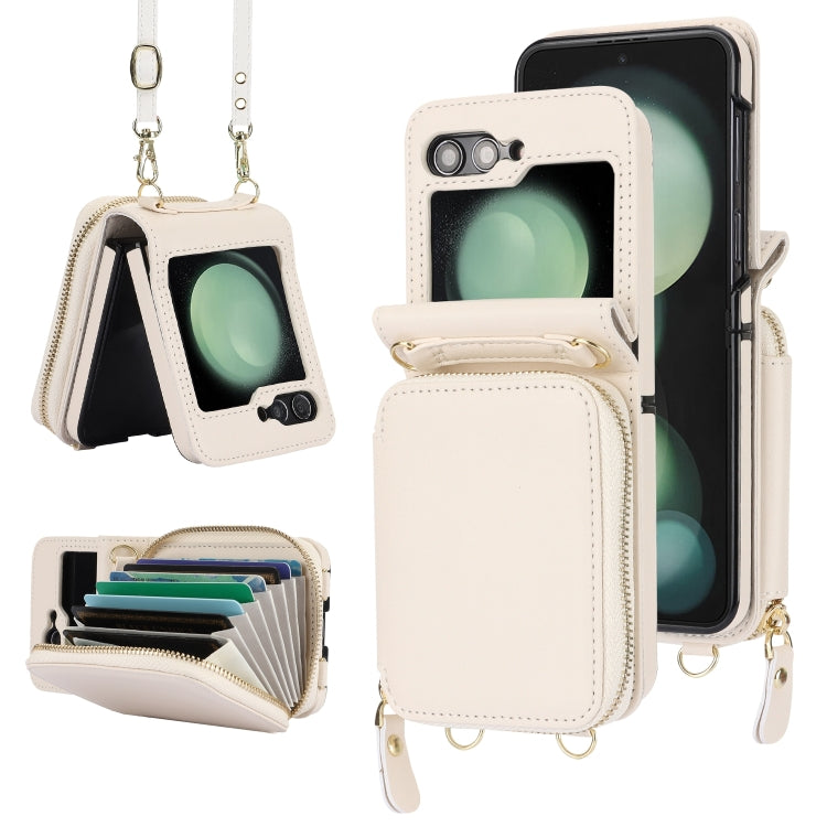 For Samsung Galaxy Z Flip6 Long and Short Lanyard Zipper Card Slot Foldable Phone Case(Beige) - Galaxy Z Flip6 5G Cases by buy2fix | Online Shopping UK | buy2fix