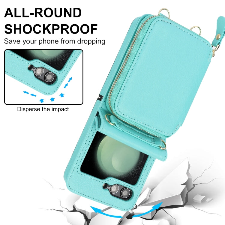 For Samsung Galaxy Z Flip6 Long and Short Lanyard Zipper Card Slot Foldable Phone Case(Mint Green) - Galaxy Z Flip6 5G Cases by buy2fix | Online Shopping UK | buy2fix